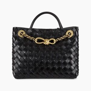 Bottega Veneta Black Woven Shoulder Bag with Black Gold Chain